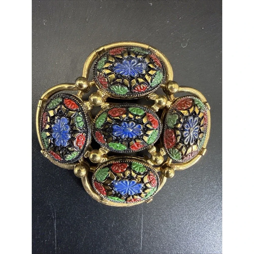 SARAH COVENTRY 1960s Vintage Light of East Mosaic Gold Tone Floral Enamel Brooch